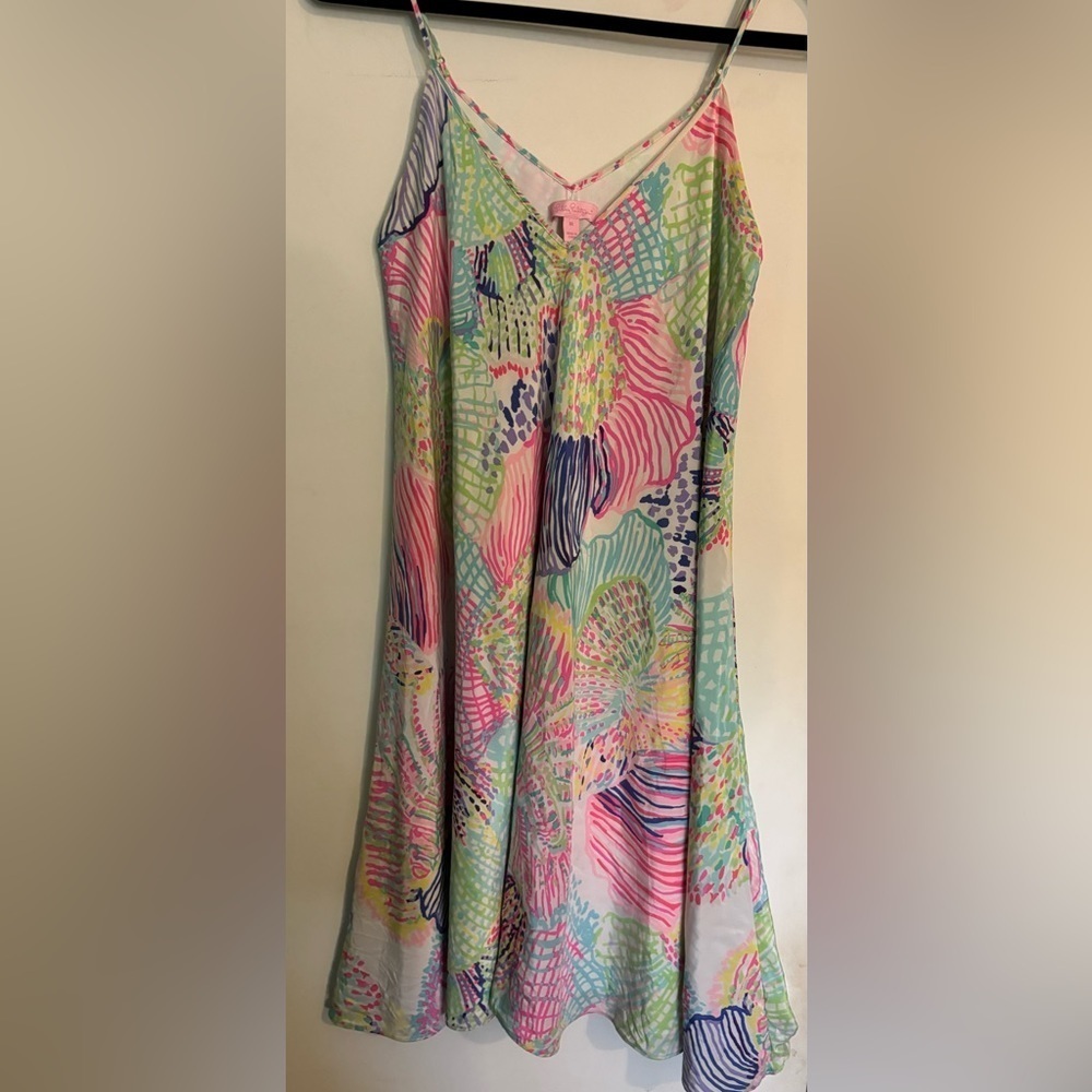 Lilly Pulitzer Womens Medium Clara Dress Silk Pink Blue Purple Shell Pattern